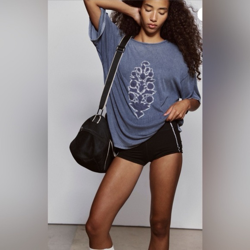 FP Movement by Free People Blue Short Sleeve Tee with White Floral Motif